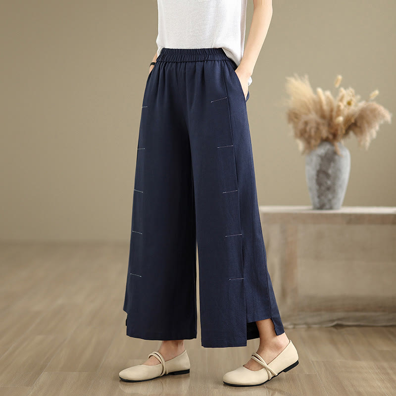 Spring Casual Navy Simple Line Design Cotton Linen Women's Wide Leg Pants With Pockets