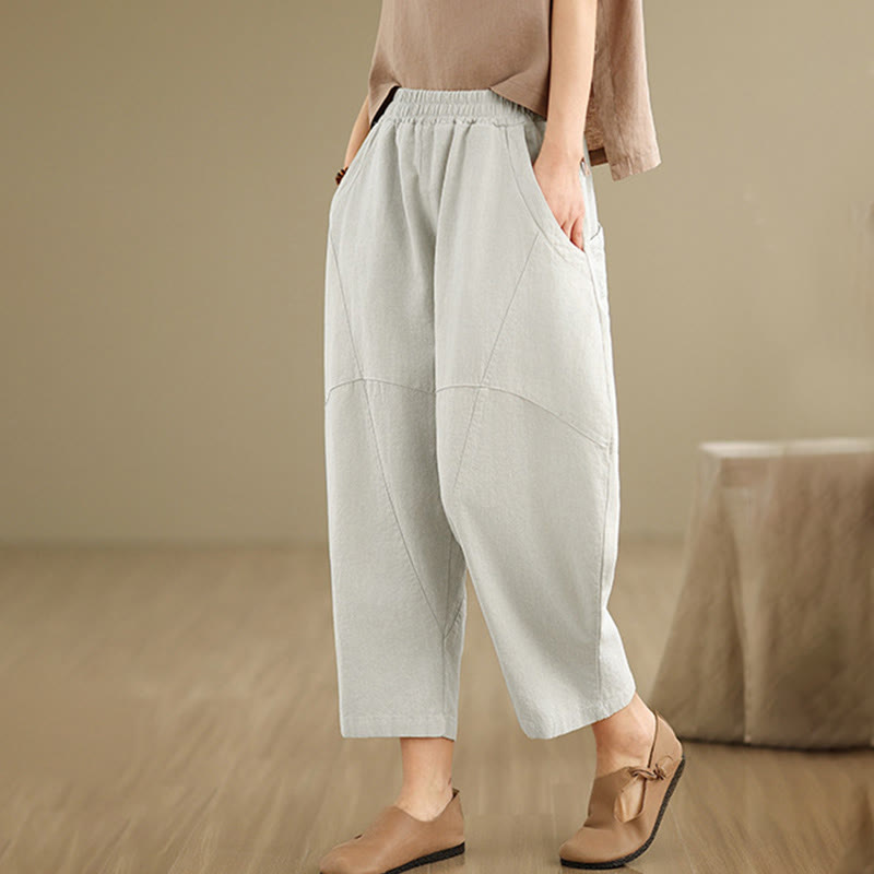 Spring 7-8 Length Solid Color Women's Cotton Linen Harem Pants With Pockets