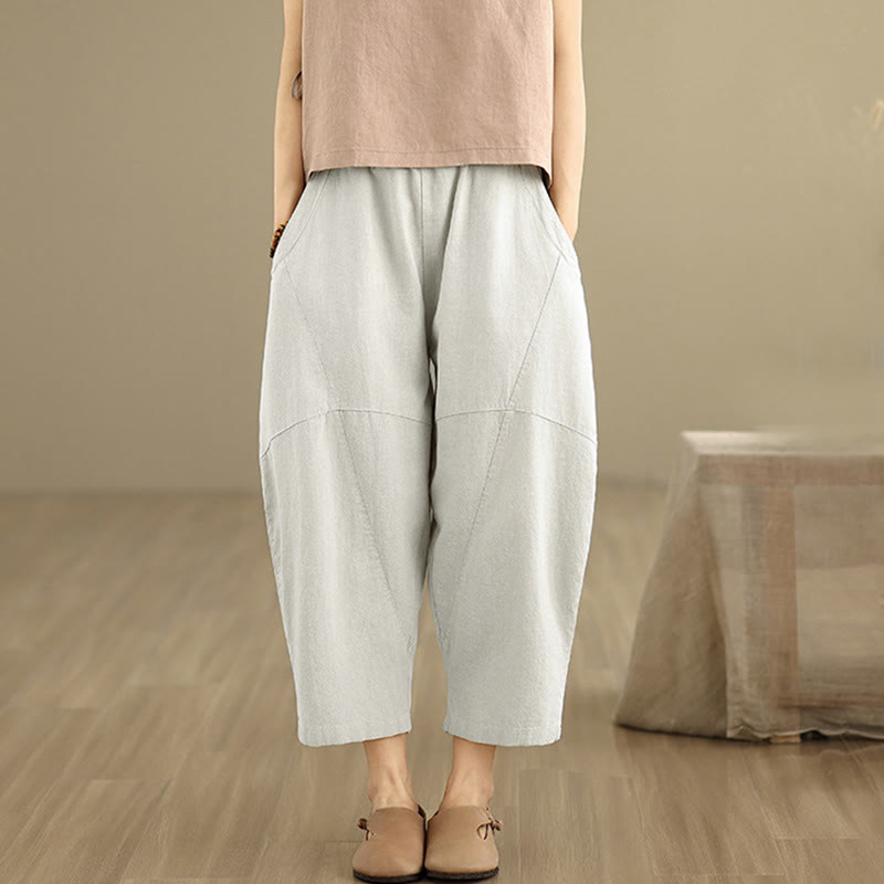 Spring 7-8 Length Solid Color Women's Cotton Linen Harem Pants With Pockets