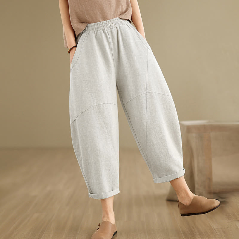 Spring 7-8 Length Solid Color Women's Cotton Linen Harem Pants With Pockets