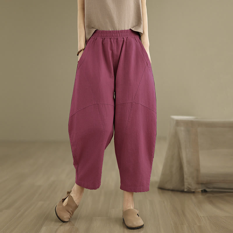 Spring 7-8 Length Solid Color Women's Cotton Linen Harem Pants With Pockets