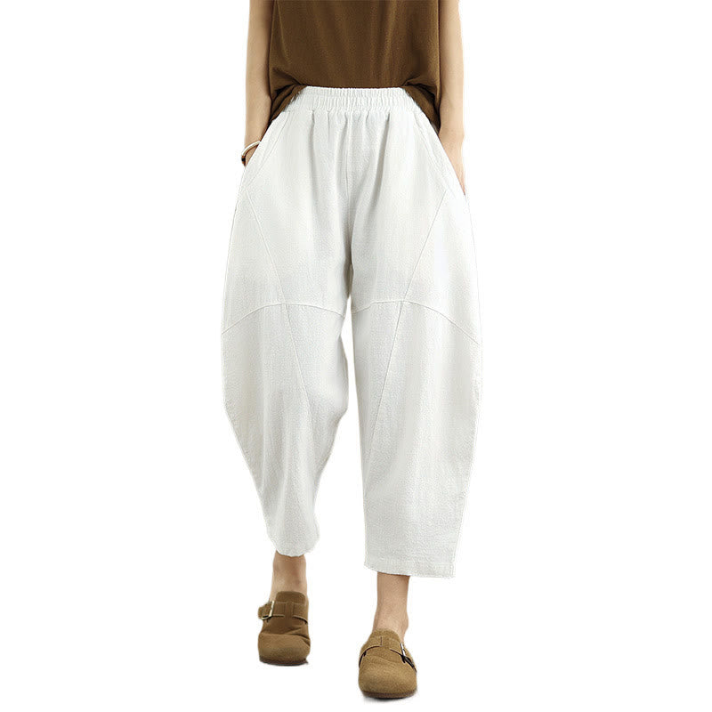 Spring 7-8 Length Solid Color Women's Cotton Linen Harem Pants With Pockets