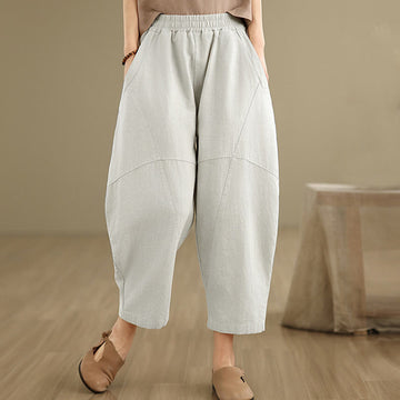 Spring 7-8 Length Solid Color Women's Cotton Linen Harem Pants With Pockets