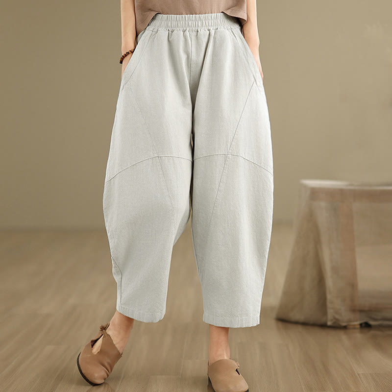 Spring 7-8 Length Solid Color Women's Cotton Linen Harem Pants With Pockets