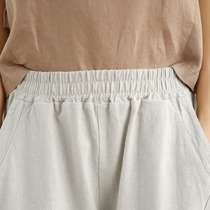 Spring 7-8 Length Solid Color Women's Cotton Linen Harem Pants With Pockets