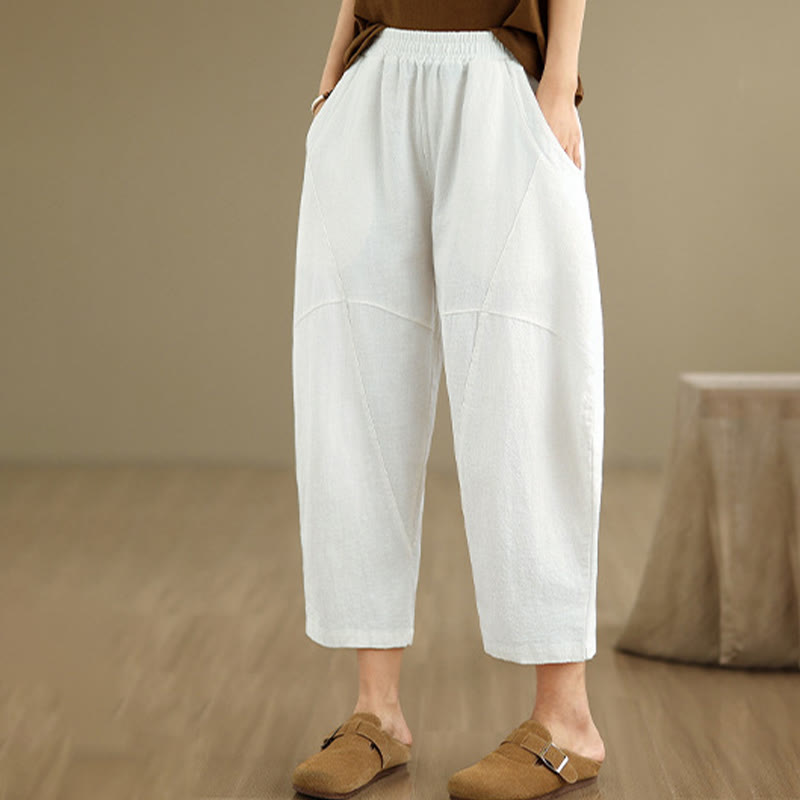 Spring 7-8 Length Solid Color Women's Cotton Linen Harem Pants With Pockets