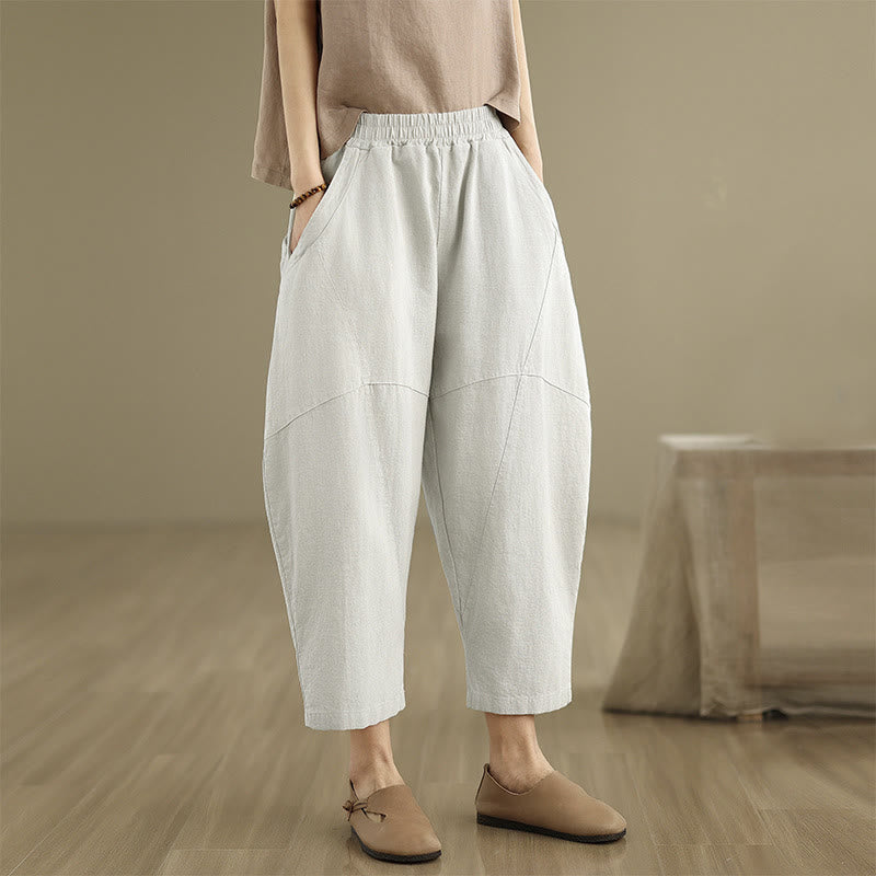 Spring 7-8 Length Solid Color Women's Cotton Linen Harem Pants With Pockets