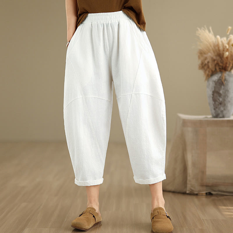 Spring 7-8 Length Solid Color Women's Cotton Linen Harem Pants With Pockets
