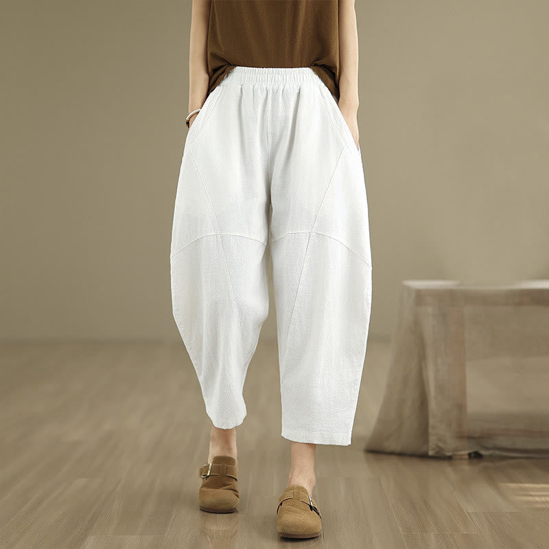 Spring 7-8 Length Solid Color Women's Cotton Linen Harem Pants With Pockets