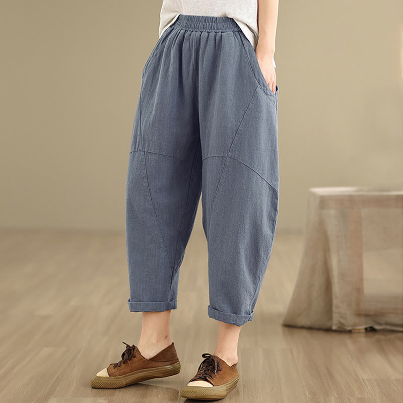 Spring 7-8 Length Solid Color Women's Cotton Linen Harem Pants With Pockets