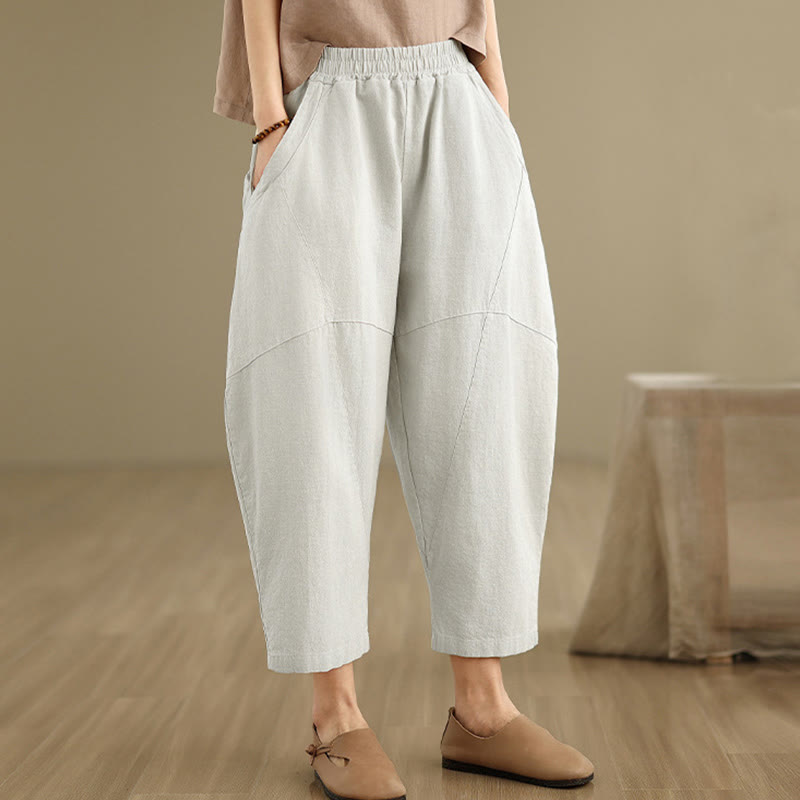 Spring 7-8 Length Solid Color Women's Cotton Linen Harem Pants With Pockets