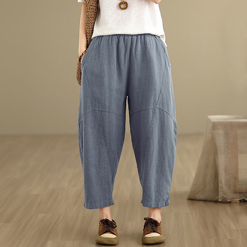 Spring 7-8 Length Solid Color Women's Cotton Linen Harem Pants With Pockets