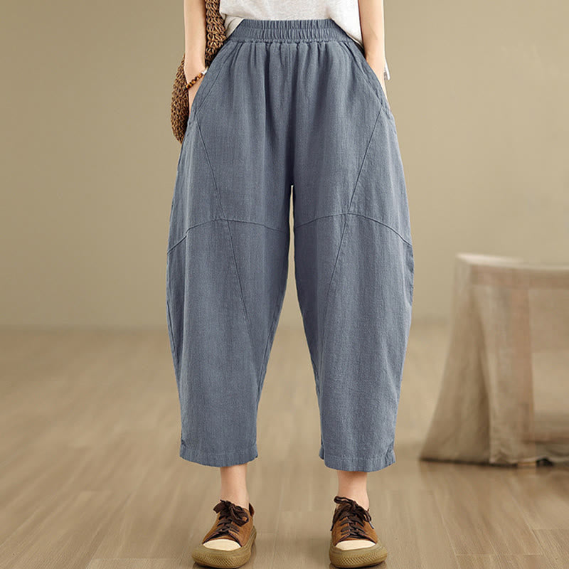 Spring 7-8 Length Solid Color Women's Cotton Linen Harem Pants With Pockets