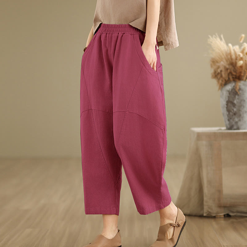 Spring 7-8 Length Solid Color Women's Cotton Linen Harem Pants With Pockets