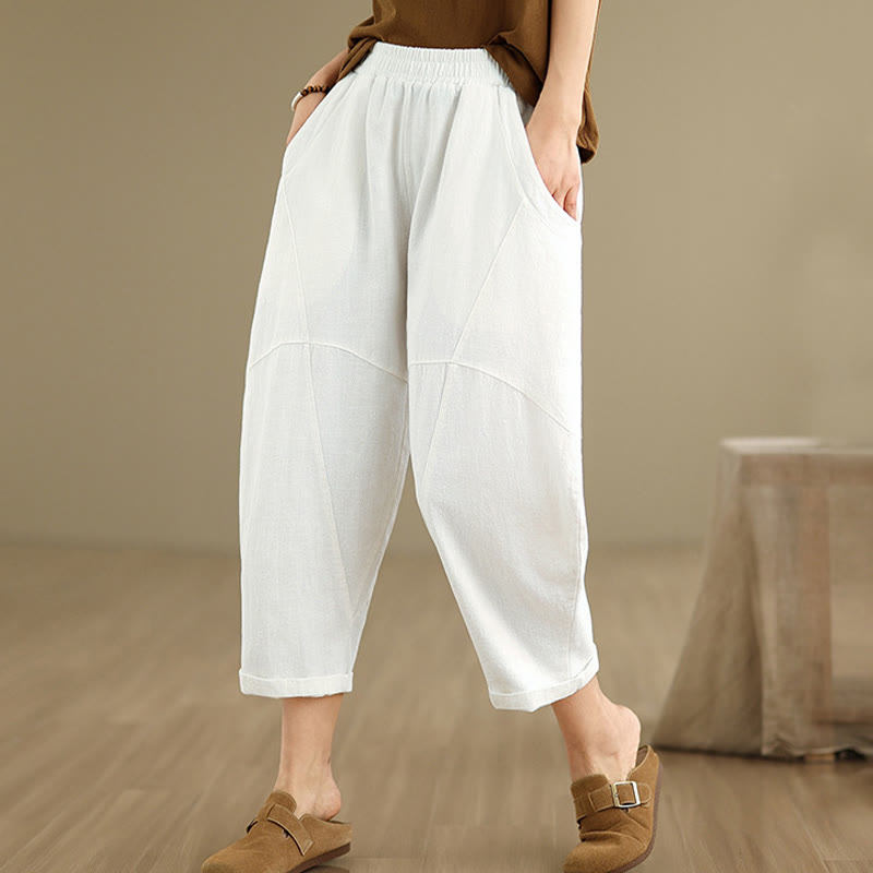 Spring 7-8 Length Solid Color Women's Cotton Linen Harem Pants With Pockets