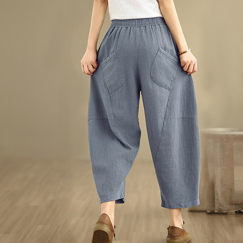 Spring 7-8 Length Solid Color Women's Cotton Linen Harem Pants With Pockets