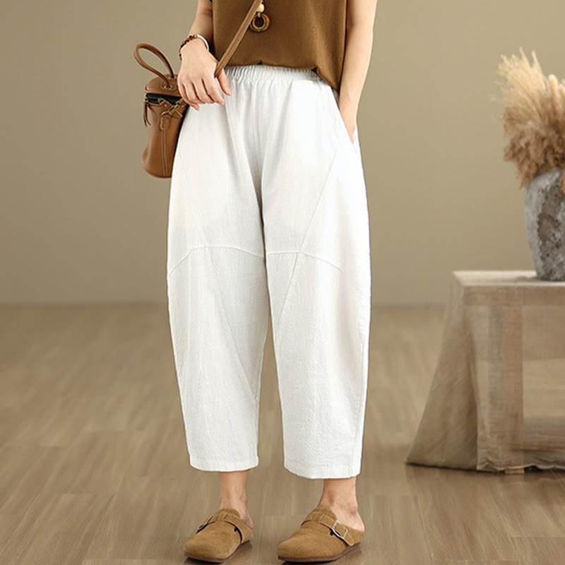 Spring 7-8 Length Solid Color Women's Cotton Linen Harem Pants With Pockets