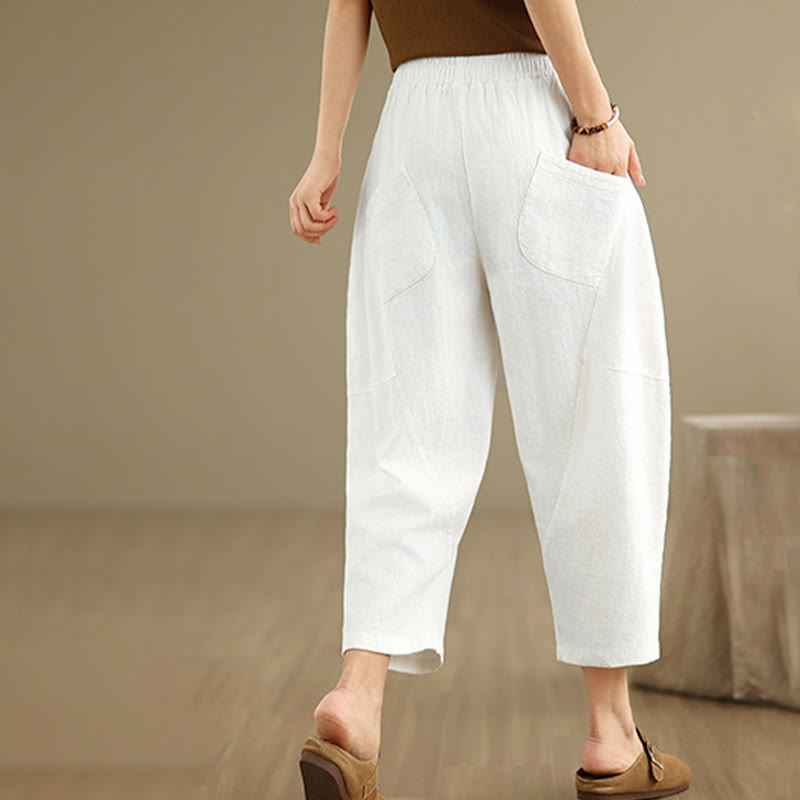 Spring 7-8 Length Solid Color Women's Cotton Linen Harem Pants With Pockets