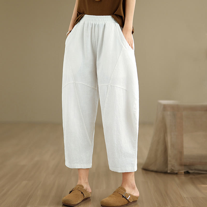 Spring 7-8 Length Solid Color Women's Cotton Linen Harem Pants With Pockets