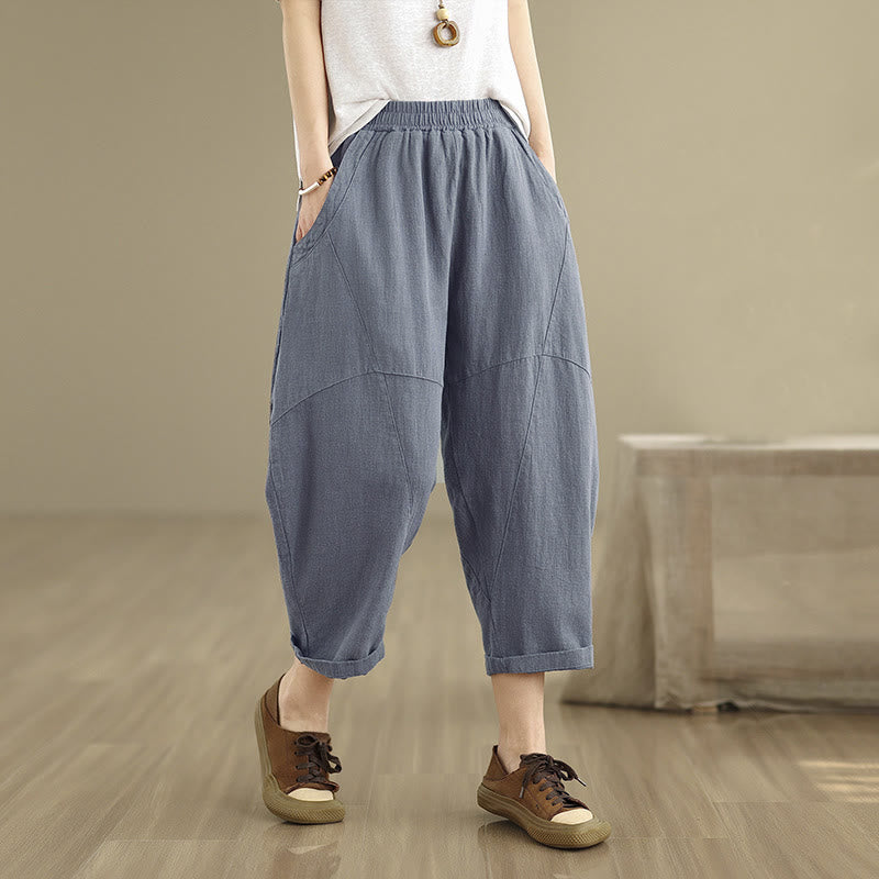 Spring 7-8 Length Solid Color Women's Cotton Linen Harem Pants With Pockets