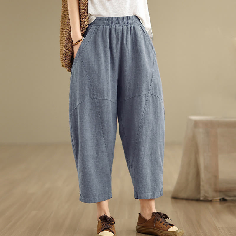 Spring 7-8 Length Solid Color Women's Cotton Linen Harem Pants With Pockets