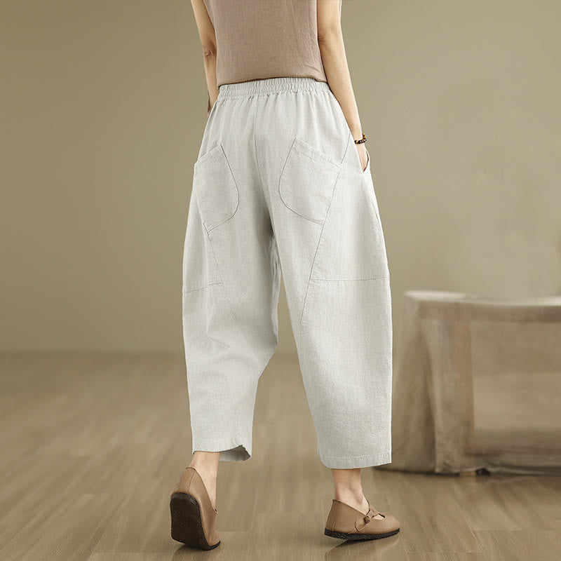Spring 7-8 Length Solid Color Women's Cotton Linen Harem Pants With Pockets