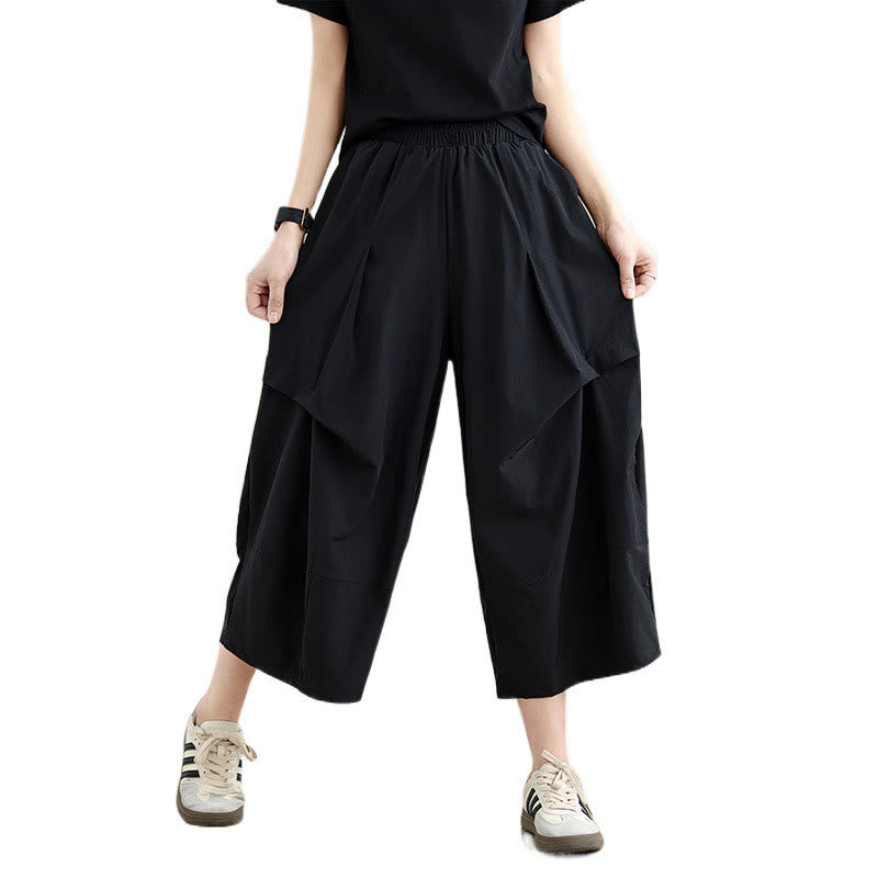 Summer Irregular Pleating Design Cotton Women's Wide Leg Pants With Pockets