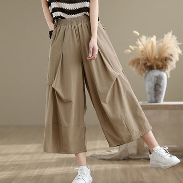 Summer Irregular Pleating Design Cotton Women's Wide Leg Pants With Pockets