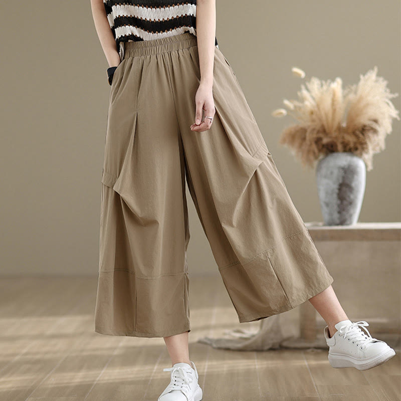 Summer Irregular Pleating Design Cotton Women's Wide Leg Pants With Pockets