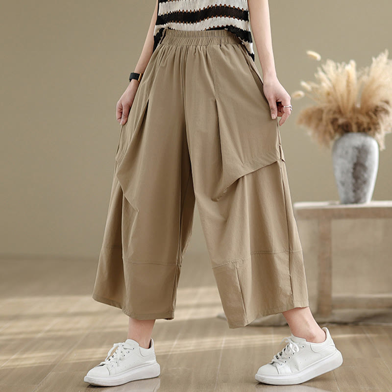 Summer Irregular Pleating Design Cotton Women's Wide Leg Pants With Pockets