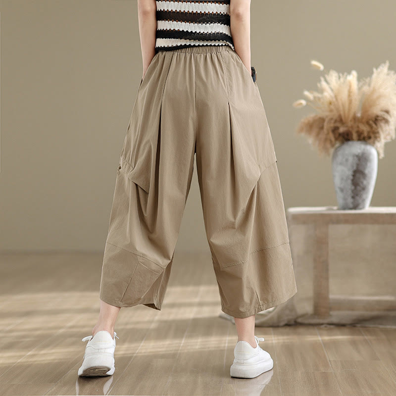 Summer Irregular Pleating Design Cotton Women's Wide Leg Pants With Pockets