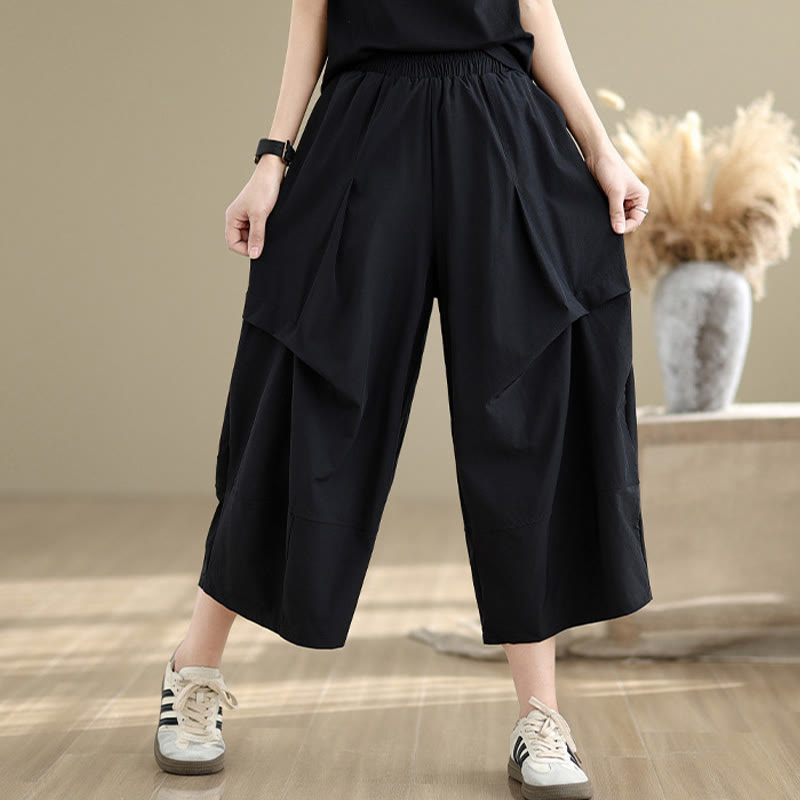 Summer Irregular Pleating Design Cotton Women's Wide Leg Pants With Pockets