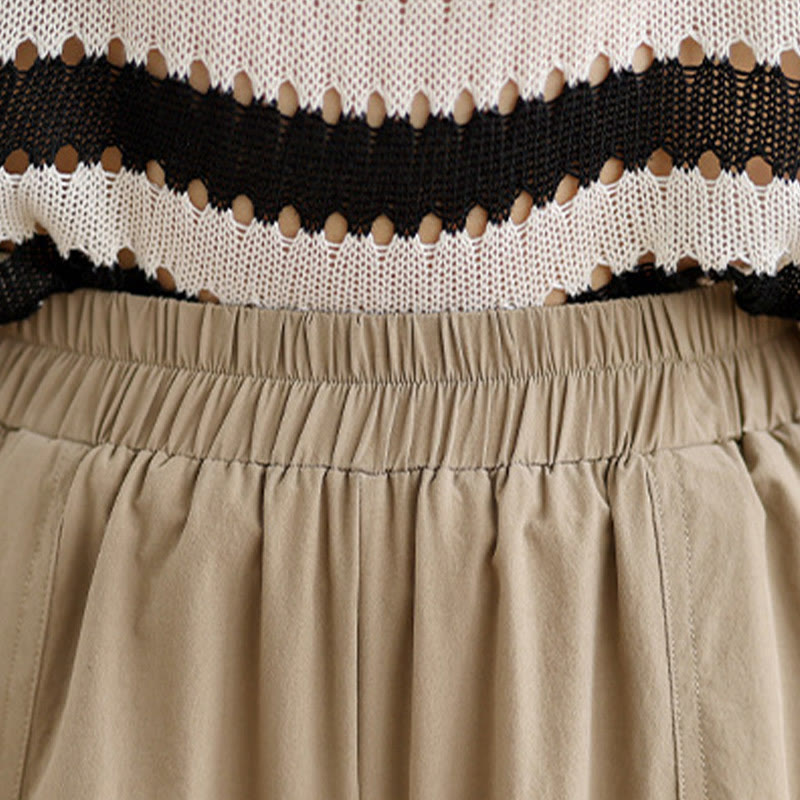 Summer Irregular Pleating Design Cotton Women's Wide Leg Pants With Pockets