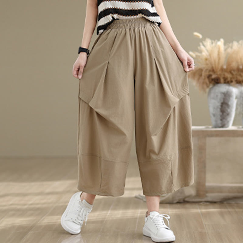 Summer Irregular Pleating Design Cotton Women's Wide Leg Pants With Pockets
