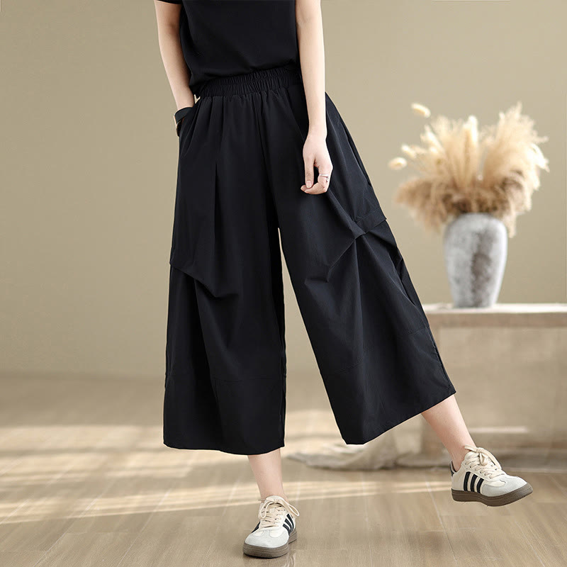 Summer Irregular Pleating Design Cotton Women's Wide Leg Pants With Pockets