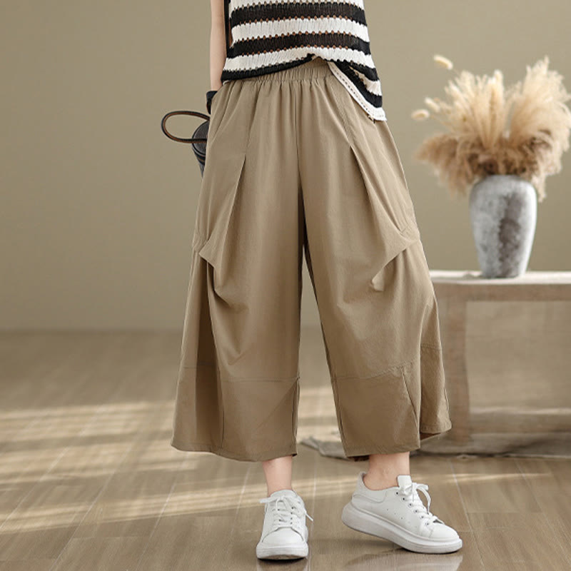 Summer Irregular Pleating Design Cotton Women's Wide Leg Pants With Pockets