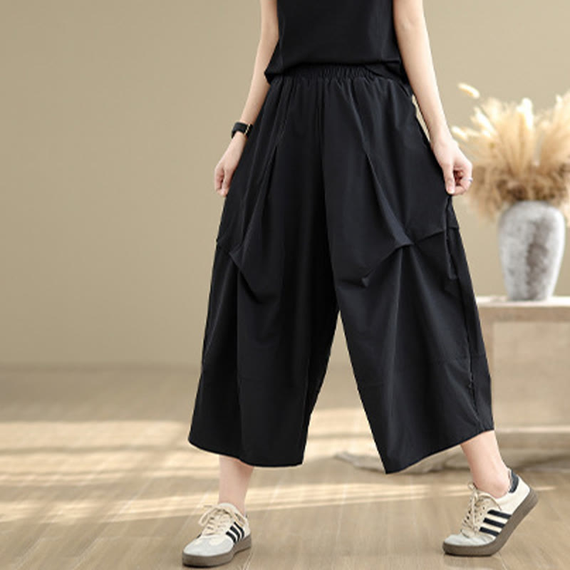 Summer Irregular Pleating Design Cotton Women's Wide Leg Pants With Pockets