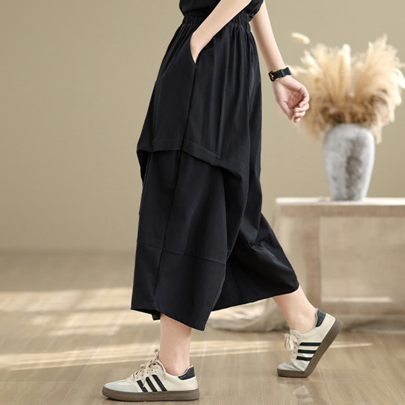Summer Irregular Pleating Design Cotton Women's Wide Leg Pants With Pockets