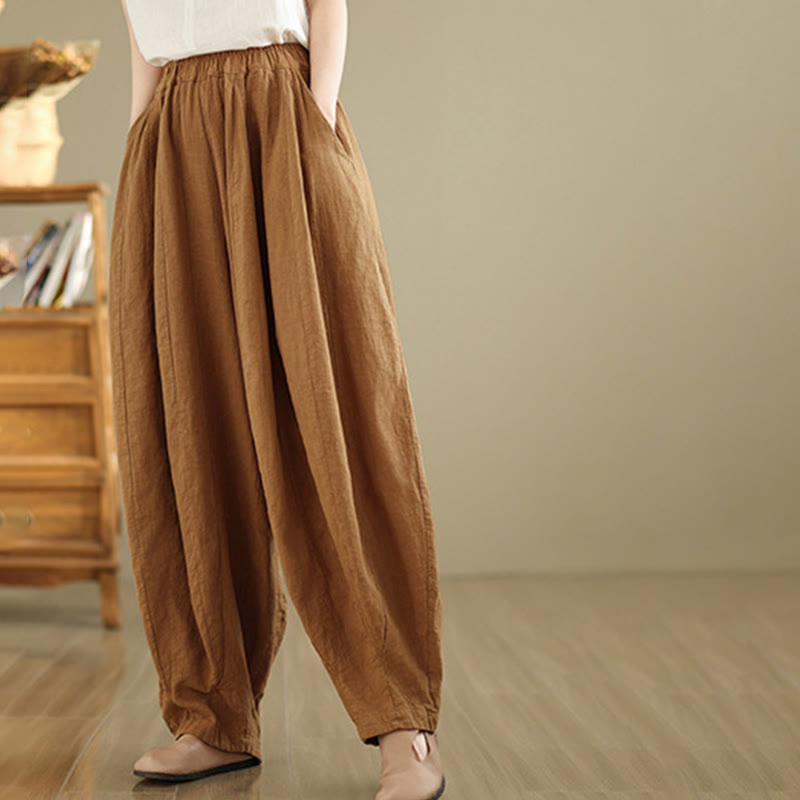 Vintage Patchwork Lantern Design Cotton Linen Women's Wide Leg Pants With Pockets