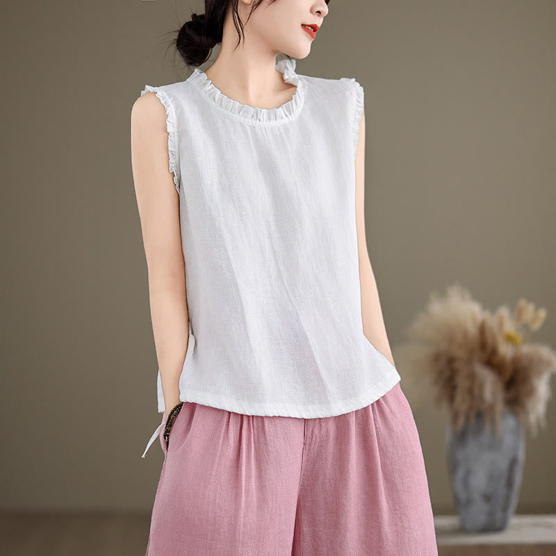 Lightweight Cotton Linen Ruffled Drawstring Meditation Vest