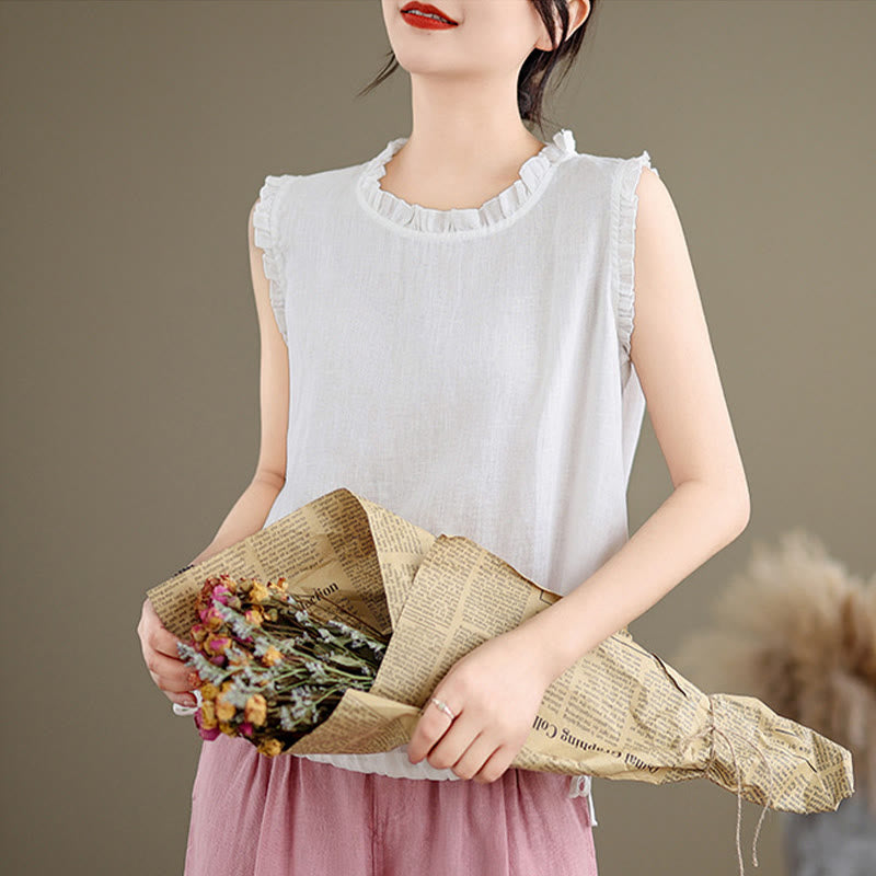 Lightweight Cotton Linen Ruffled Drawstring Meditation Vest