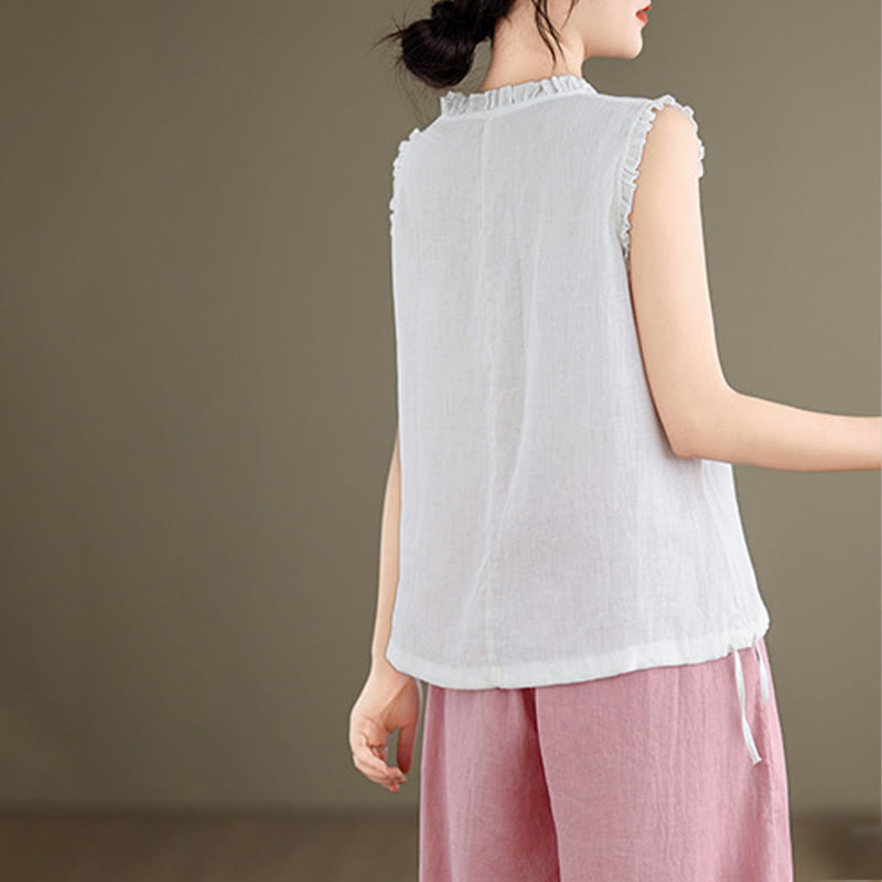 Lightweight Cotton Linen Ruffled Drawstring Meditation Vest