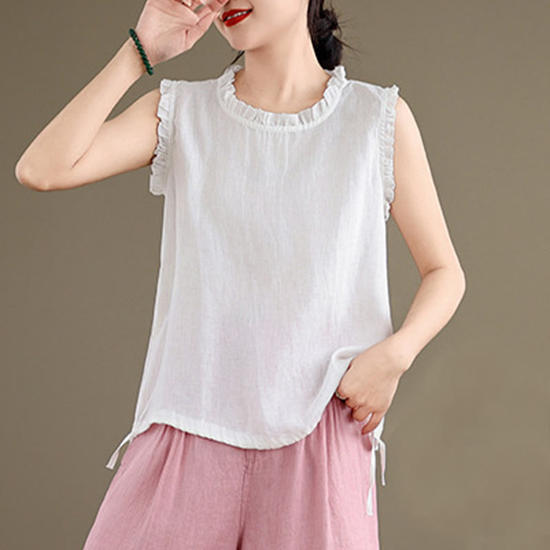 Lightweight Cotton Linen Ruffled Drawstring Meditation Vest