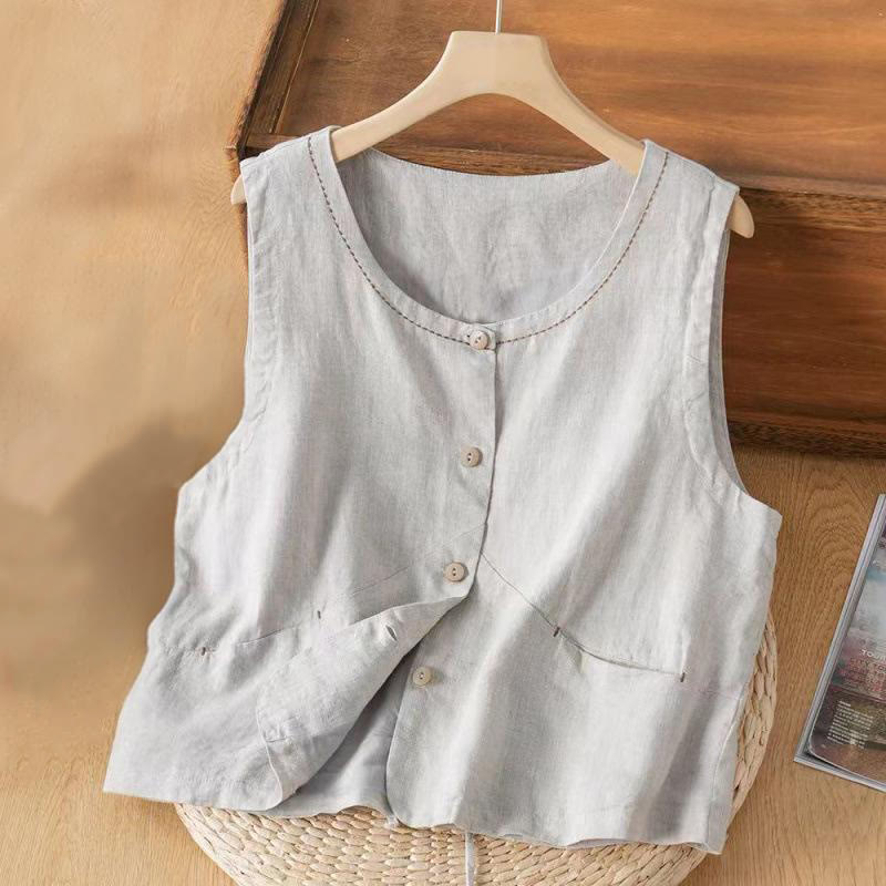Single Breasted Sleeveless Design Cotton Linen Women's Vest WIth Pockets