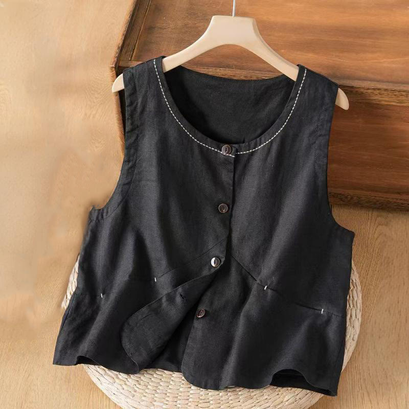 Single Breasted Sleeveless Design Cotton Linen Women's Vest WIth Pockets
