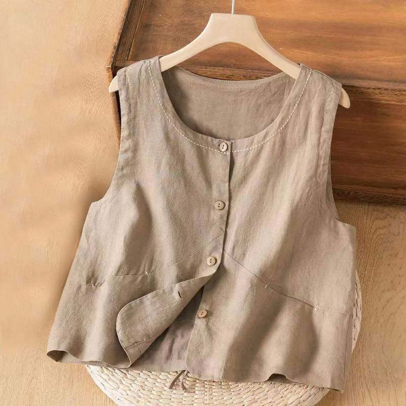 Single Breasted Sleeveless Design Cotton Linen Women's Vest WIth Pockets