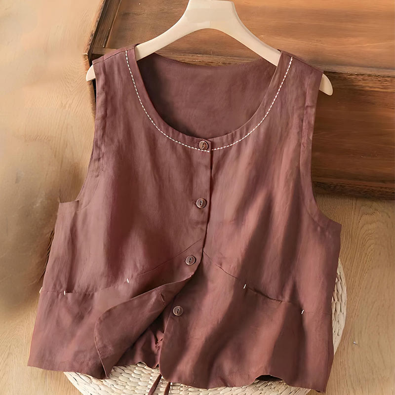 Single Breasted Sleeveless Design Cotton Linen Women's Vest WIth Pockets