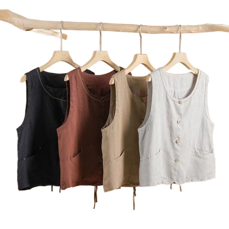 Single Breasted Sleeveless Design Cotton Linen Women's Vest WIth Pockets