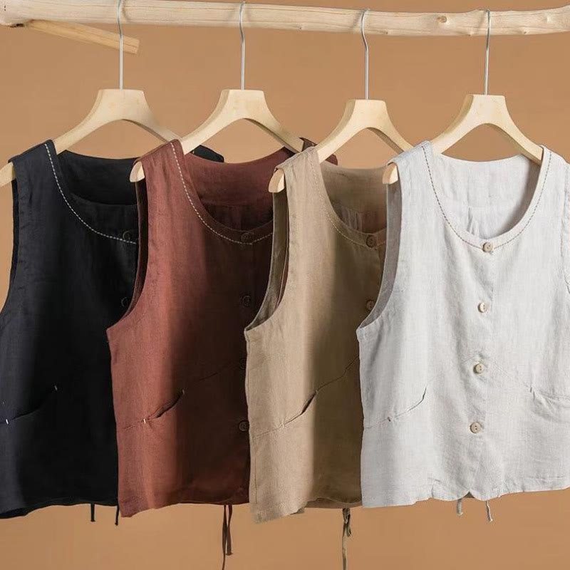Single Breasted Sleeveless Design Cotton Linen Women's Vest WIth Pockets