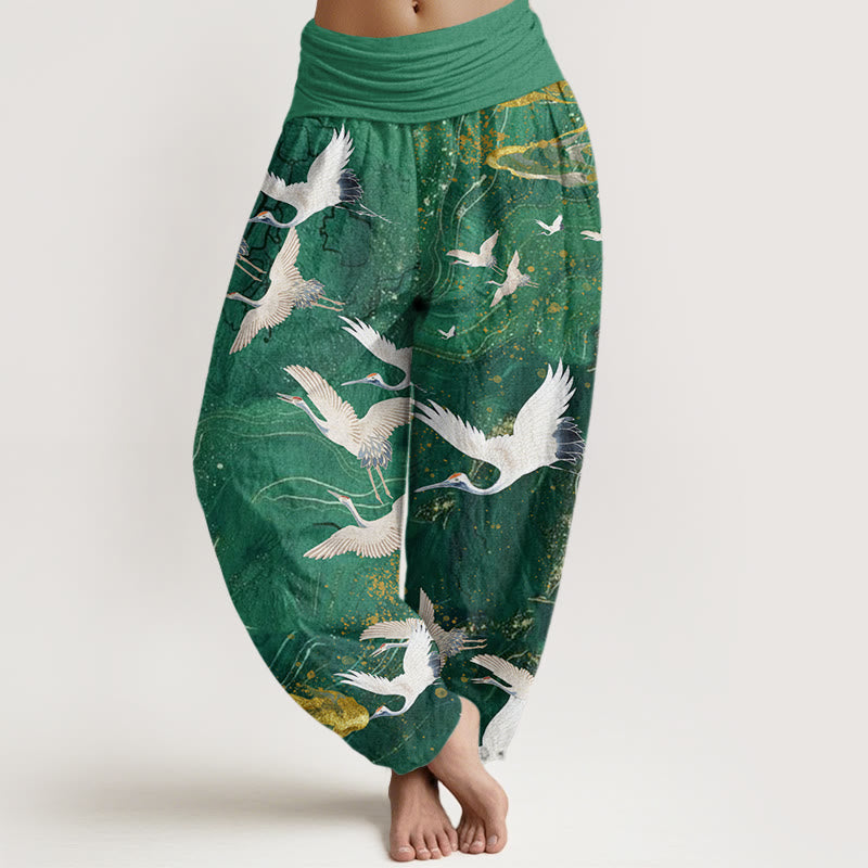 Cotton Flying White Cranes Auspicious Clouds Design Women's Elastic Waist Harem Pants